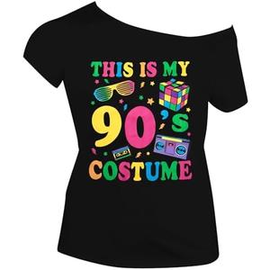 SFHFY 90s Outfit for Women 90's Theme Party Disco Shirt Vintage Neon Off Shoulder Tops Retro 90s Disco Top Size M