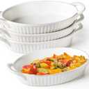 Frewinky Au Gratin Baking Dishes,9-inch Ceramic Baking Dish Set with Handles Heat Resistant,Mini Casserole-Dishes for Oven, Porcelain Oval Baking Dishes for Gratin,Casserole and Roasting, White, Pack 4