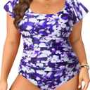 Plus Size One Piece Swimsuit - Women Tummy Control Bathing Suit Ruffle Vintage Swimwear with Sleeves (Purple Floral) 22W