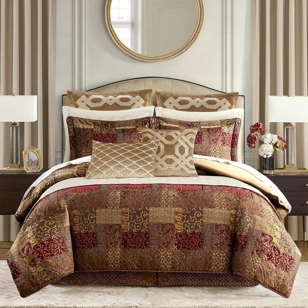 Croscill Galleria 4 Piece Jacquard Oversized Comforter Set, Luxury Traditional Patchwork Design Comforter Sets, Ultra Soft Bedding with 2 Pillow Shams, 1 Bed Skirt, Galleria, Queen, Red