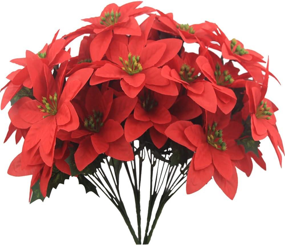 FERIAL 4 Pcs Christmas Artificial Flowers Poinsettia Flowers Red 7 Heads Silk Poinsettia Christmas Floral Bouquet Winter Artificial Poinsettia Bushes for Xmas Party Holiday Arrangements Decoration