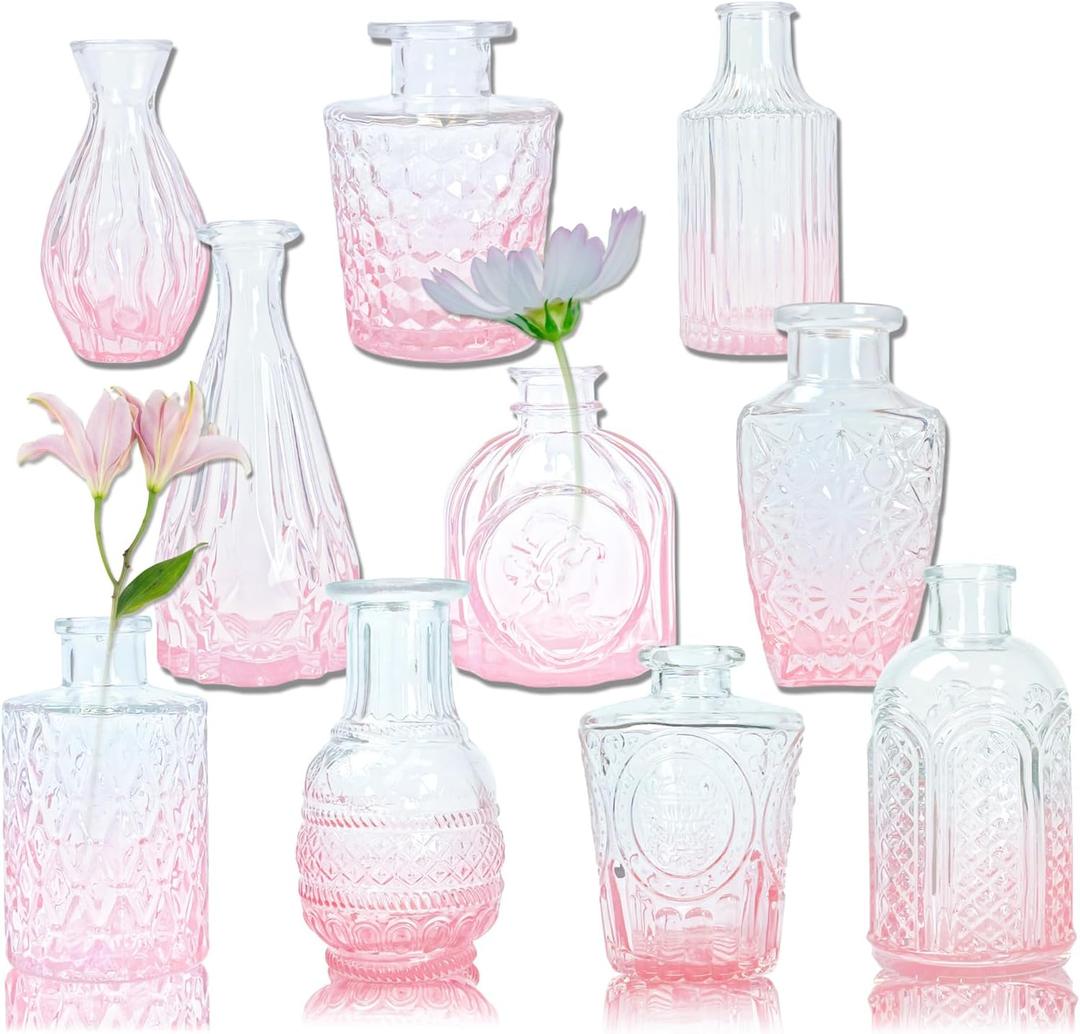Pink Mini Bud Vintage Vase in Bulk 10PCS, Small Flower Vases for Centerpieces Beautiful Useful Vase Symbolism and Artistry Great for Decoration and Gift Sturdy Pretty Mini Wedding