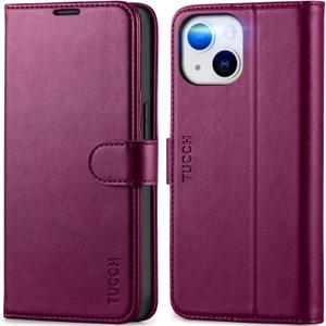 TUCCH Wallet Case for iPhone 13 6.1-inch 5G, [RFID Blocking] Card Slots Holder Stand [Shockproof TPU Interior Case] PU Leather Magnetic Protective Flip Cover Compatible with iPhone 13, Plum Purple