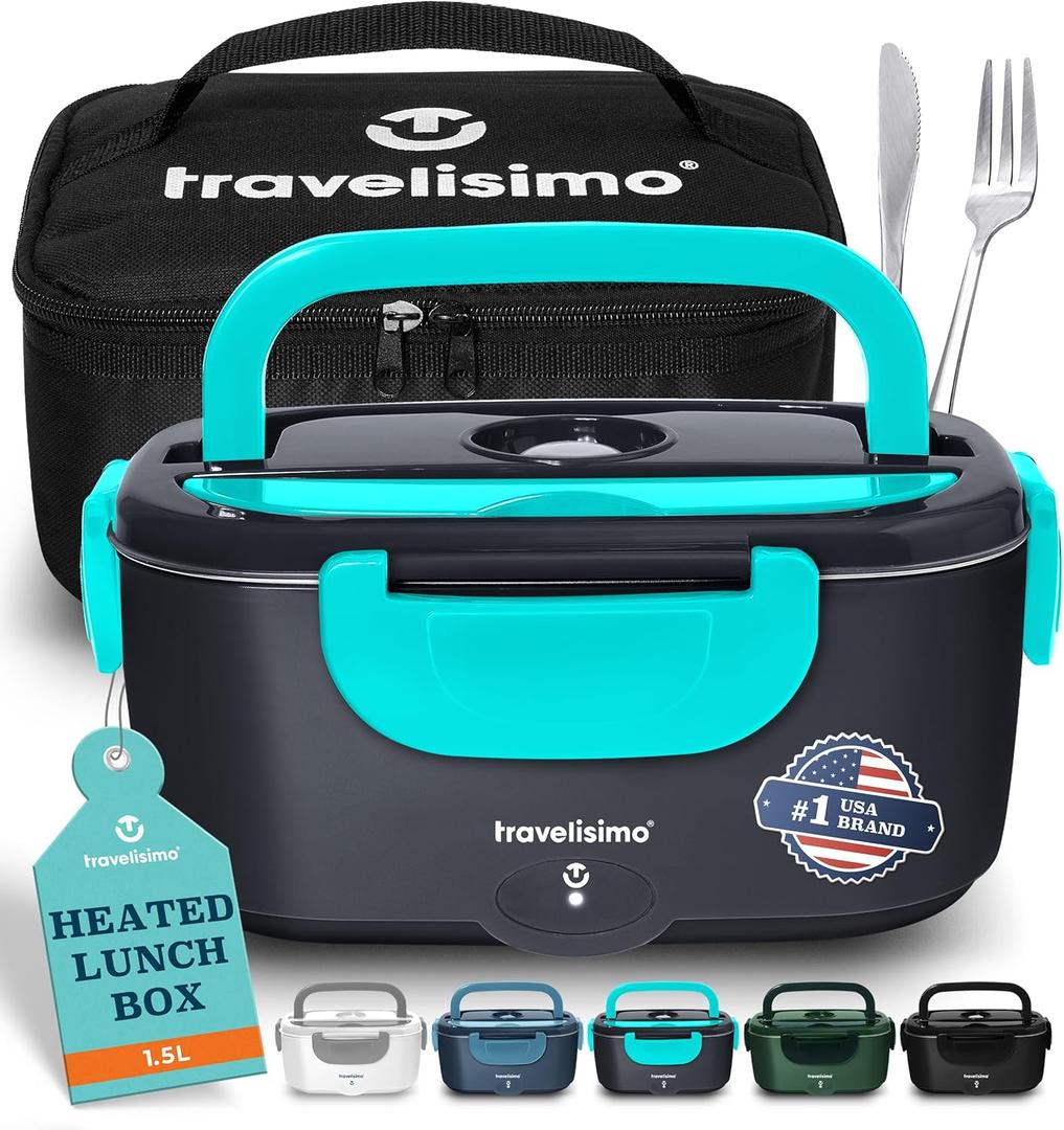 TRAVELISIMO Electric Lunch Box for Adults 80W Heated Lunch Box For Men 1.5L Stainless Steel Portable Food Warmer, 12/24/110V Electric Food Warmers for Travel & Work, Loncheras Para Hombres de Trabajo (Neon Blue)