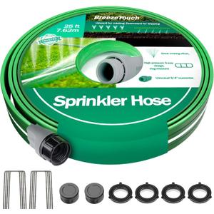 Breeze Touch 25FT Sprinkler Hoses, Flexible Garden Hose with High-Mist Spray, Leakproof Flat Irrigation Hose, Grass Watering Soaker Hose with Stakes for Lawn & Yard