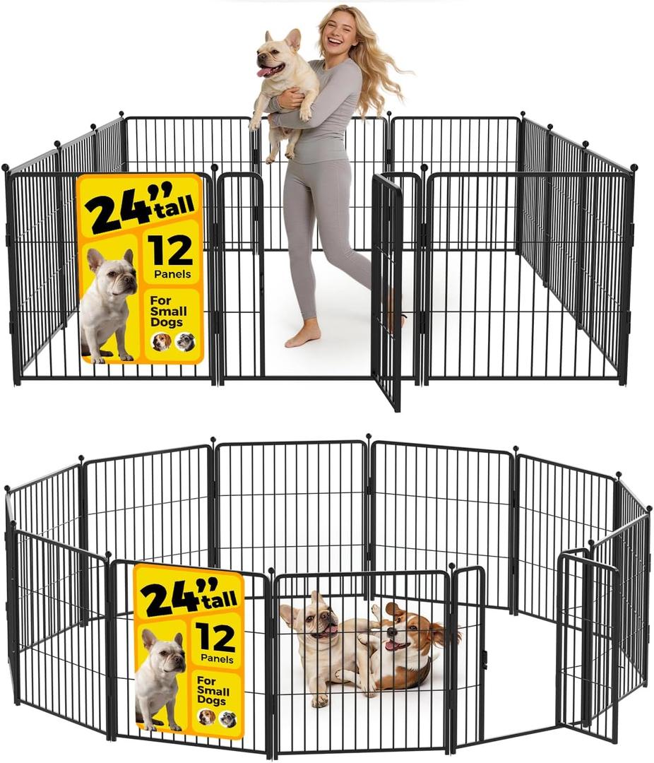 Dog Playpen 24 inch 12 Panels for Indoor & Outdoor Use – Heavy-Duty Metal Pet Fence with Ground Stakes, Rounded Ball Tops for Safety, Stable & Foldable Design, Easy to Assemble