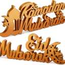 Yuntau 2 Pcs Ramadan Mubarak Wood Sign Eid Mubarak Wooden Table Centerpiece Ramadan Wooden Tabletop Decor Moon Star Islamic Mosque Letter Sign Ramadan Decorations for Home Allah Muslim Gifts(Bright)