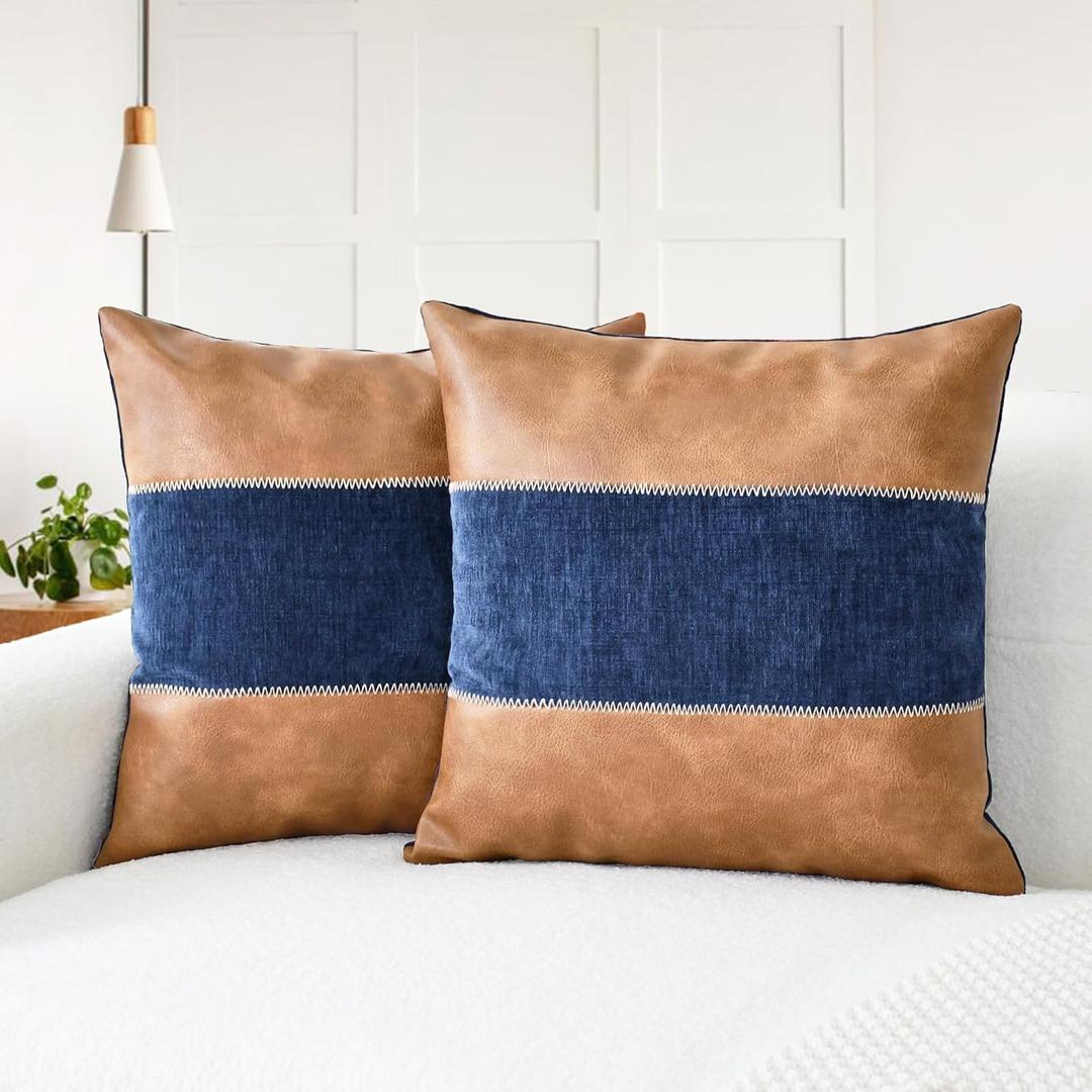 CaliTime Throw Pillow Covers Pack of 2 Soft Faux Leather Solid Dyed Chenille Cushion Cases for Couch Sofa Home Decoration 18 X 18 Inches Navy Blue Brown