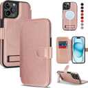 for iPhone 15 Pro Max Wallet Case with Stand,PU Leather Flip Credit Card Holder Slots (RFID Blocking),Compatible with Magsafe Magnetic Holder Phone Cover Women Men,Rose Gold