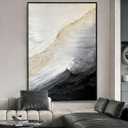 3D Textured White and Black Seascape Wall Art For Entryways, Large Framed Impasto Abstract Oil Painting for Living Room, Neutral Tone Wabi-Sabi Minimalist Wall Decor for Office/ Bedroom 28x40 inches