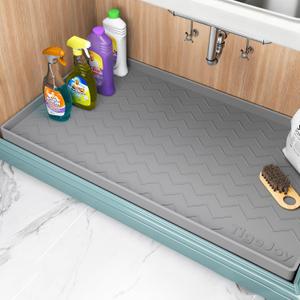 TigeJoy Under Sink Mat for Kitchen Cabinet 34" x 22", Upgraded Thick Silicone Waterproof Protector with Raised Edge, Anti-Leak Shelf Liner for Bathroom Tray Sink Organizers and Storage (Light Gray)