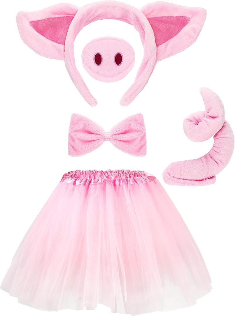 Pig Costume Set Pig Ears Nose Tail Bow Tie Tutu Skirt Animal Fancy Costume Kit Accessories for Kids (19.7 Inch)