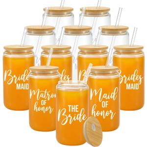 Brides Maid Gifts, Glass Cup With Bamboo Lid & Glass Straws, Pack Of 12
