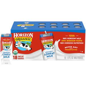 Horizon Organic Shelf Stable 1% Lowfat Milk Boxes, 8 fl oz, 18 Count - 8g Protein per Serving, USDA Organic UHT from Pasture-Raised Cows, Ready to Drink for Lunchbox, Travel, or On-the-Go, No Refrigeration Needed (EXP 03/04/26)