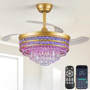 Retractable Fandelier Ceiling Fans with Light and Remote/App, 42" Crystal RGB Chandelier Fan, Bladeless Lighting & Ceiling Fans Bedroom, Kitchen, Ventilador de Techo Con Luz, Gold