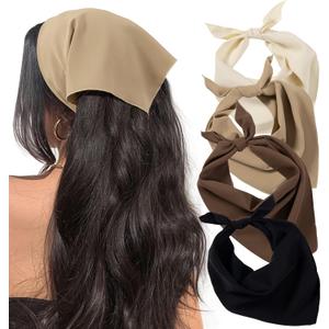 HBselect 4PCS Bandanas for Women Boho Head Bands Tie-Back Triangle Head Scarf Head Kerchief for Girls with 2 Snap Hair Pins (Black, Beige, Khaki, Brown)