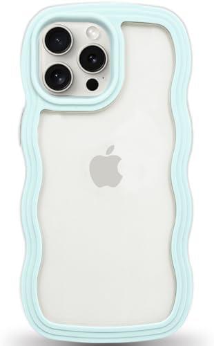 Anuck for iPhone 15 Pro Max Case Wavy Edge Clear Back Design, Anti-Slip Grip Cute Wave Curly Frame Shape Shockproof Soft TPU & Hard Bumper Protective Phone Case Cover for Women Girls, Light Blue , Pack of 4