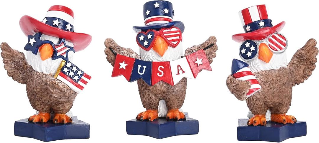 Valery Madelyn 4th of July Decorations Memorial Day Bald Eagle Decor, 3Pcs USA Eagle Statue Red White and Blue Decorations, Patriotic Independence Day USA 250th Anniversary Americana Home Decor 4"