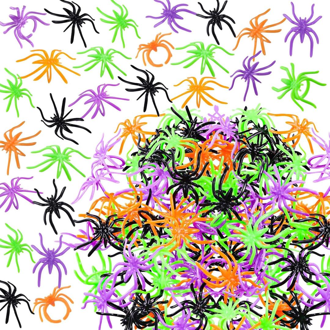 MGparty 400pcs Multicolor Spider Rings Halloween Party Supplies, Plastic Spider Rings Bulk for Kids Halloween Party Decorations