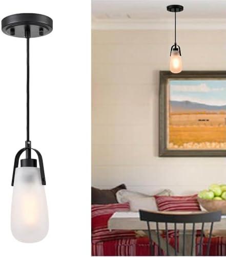 DEYNITE Industrial Home Pendant Light Fixtures Black Hanging Light with Frosted Glass for Kitchen Island