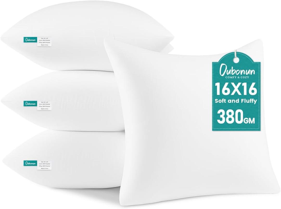 Oubonun 16 x 16 Throw Pillow Inserts - Soft, Plush & Decorative Down Alternative Pillows for Couch Sofa Bed, Machine Washable - White, Pack of 4