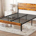 Sweetcrispy Queen Black Metal Bed Frame with Wooden Headboard