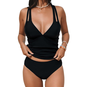 Live Libe Women's Tankini Set V Neck Crisscross Adjustable Straps Cutout Two Piece Swimsuit Mid Rise Ruched, Large