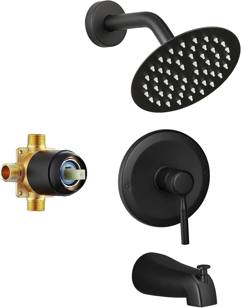 Tub Shower Faucet Set Valve Included with 6-Inch Rain Shower Head and Tub Spout Single-Handle Tub and Shower Trim Kit Matte Black