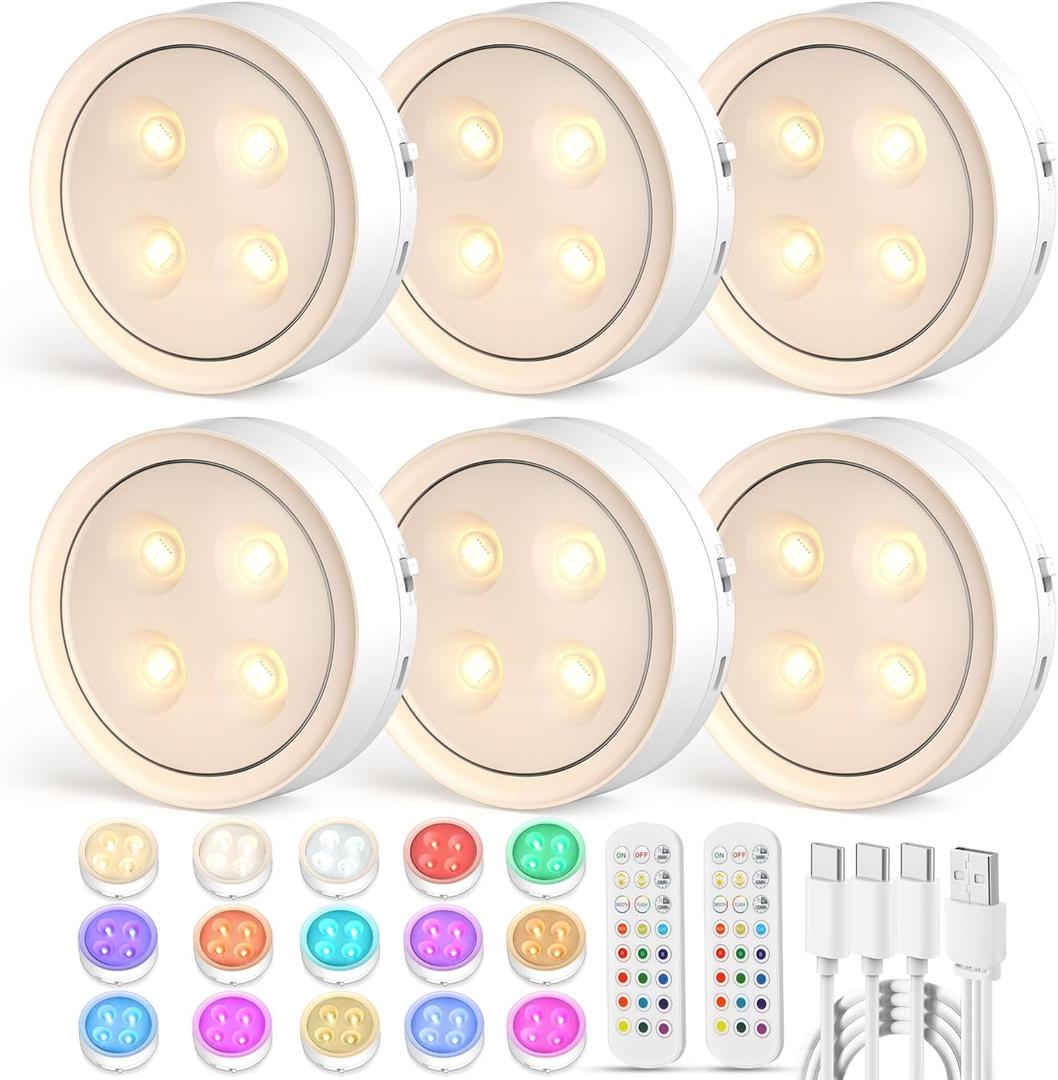 Onumii Puck Lights with Remote Rechargeable Under Cabinet Lighting 1200mAh Colors Changing Lights Magnetic Stick on Lights for Kitchen, Counter, Shelves, Closet (6 Pack, White)
