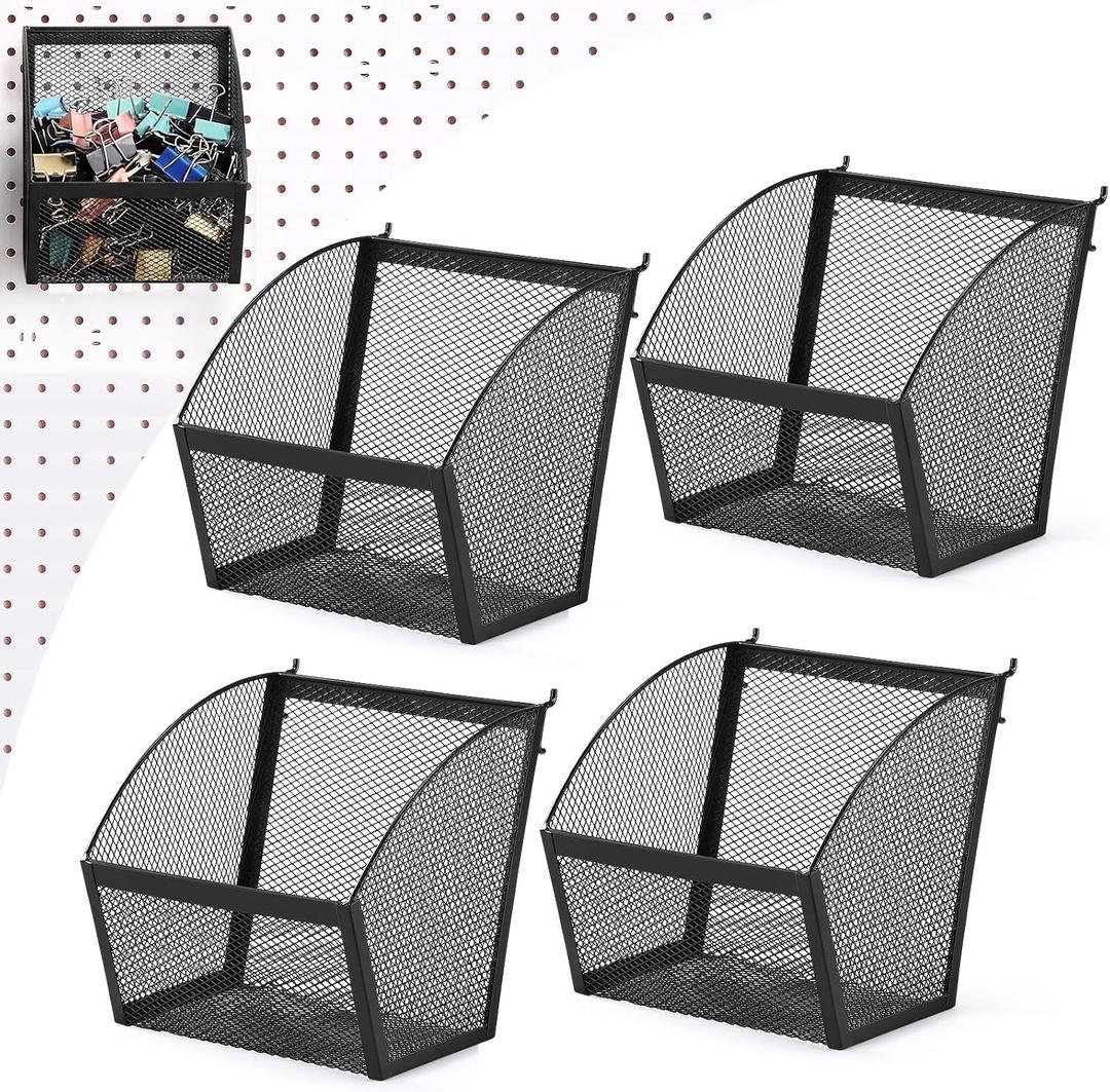4 Pack Pegboard Baskets Metal Wire Storage Basket Hanging Wall Mount Bins Containers Accessories for Office Workshop Organizing Tools Stationery (Black,7.3 Inch)