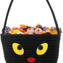 Halloween Basket with Handle Cute Bucket Cotton Rope Woven Candy Server Bag Pumpkin Witch Cat Pig Storage Basket for Halloween Party Favor(Cat,Black,1 Pack)