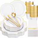 WDF 175Pcs Gold Plates Disposable - White and Gold Plastic Plates 25guest Plastic Dinnerware Ideal for Party/Wedding/Ramadan/Spring/Mother's Day