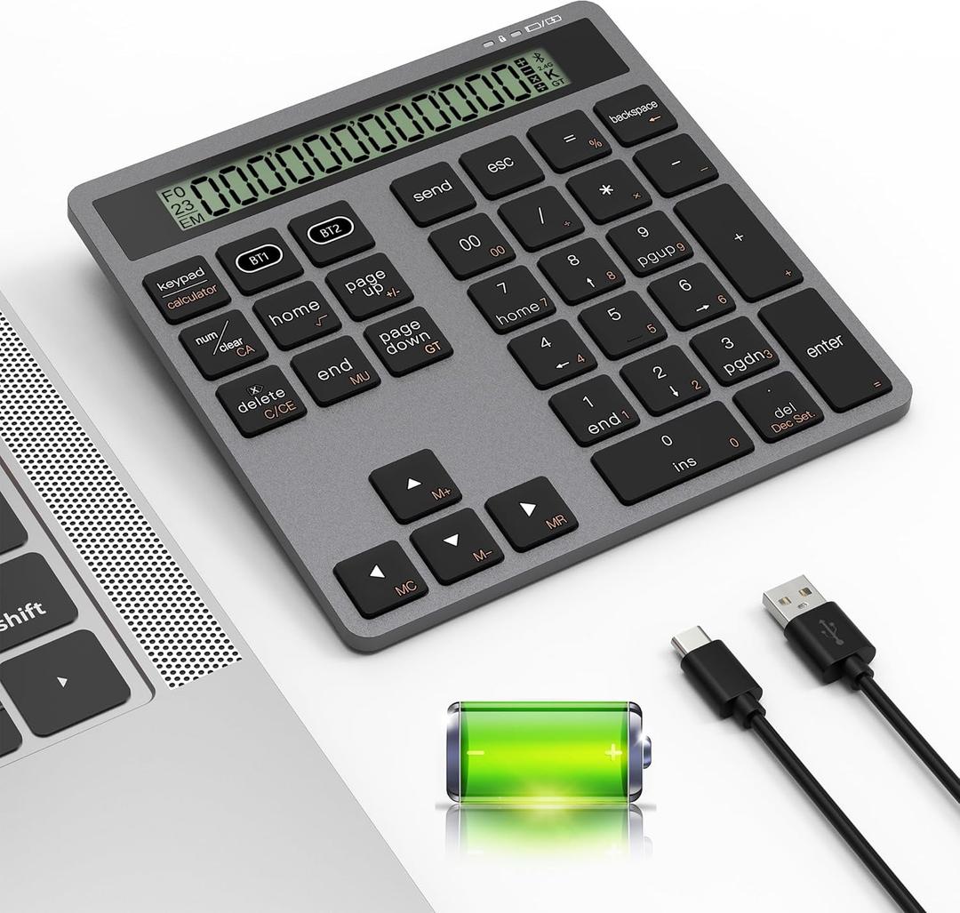 Rechargeable Bluetooth Number Pad with Display Calculator - 2-IN-1 Wireless & Wired Number Pad Slim 34-Key Portable Accounting Bluetooth Keypad Data Entry & Calculation 2in1 for Laptop MacBook PC