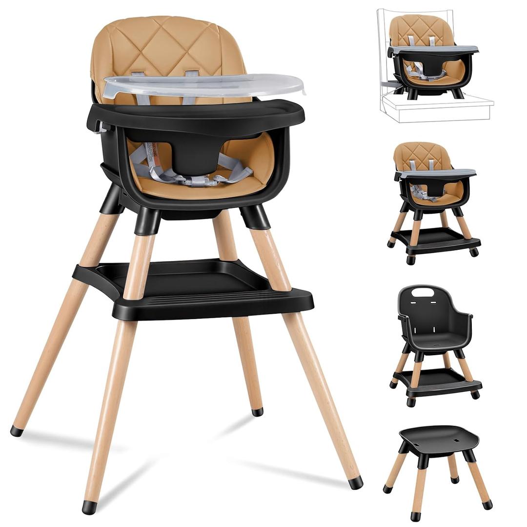 Babyliebe Baby High Chair, 8 in 1 Convertible Wooden High Chair for Babies and Toddlers, Converts to Booster Seat, Toddler Chair & Stool, with Removable Double Tray, Adjustable Legs & Footrest (Brown)