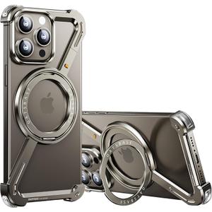 OATSBASF Minimalist Phone Case Compatible with iPhone 15 Pro Max 6.7", 360 Rotation Kickstand Aluminum Metal Frameless Design Bumper Z Case, Protective Shock Grade Shell, Natural Titanium