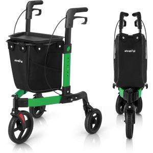 3 Wheel Rollator Walker, Walkers for Seniors, Rollator Walker Lightweight Foldable, with Tray and Large Storage Bag, 10 Inch Front Wheel for All Terrain, Green