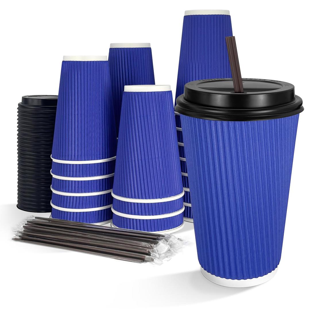 Finepak 12oz 90Pack Compostable Paper Cups with Lids & Straws, 3-Layer Insulated Corrugated Cups for Hot & Cold Drinks, Home Office Travel,Blue (EXP 08/19/32)