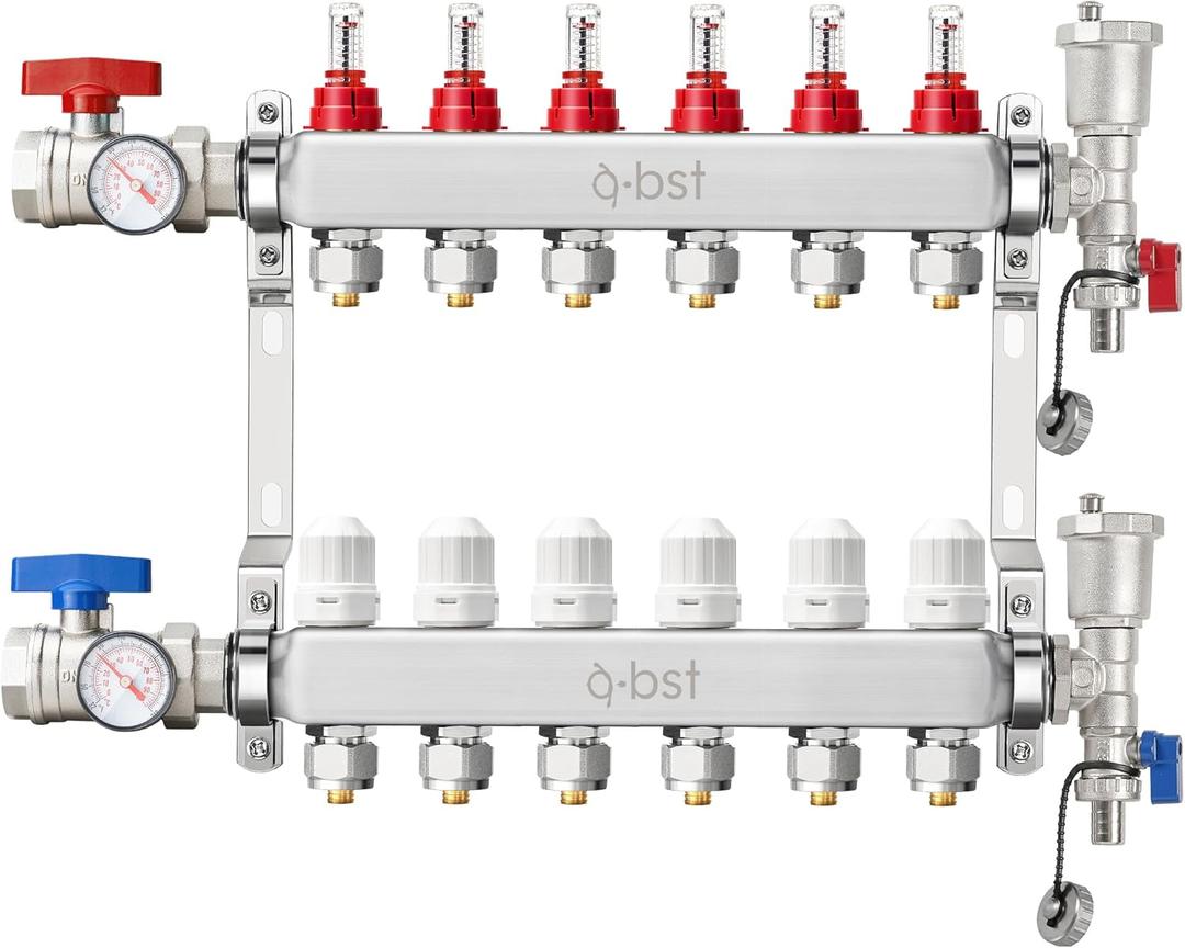 ABST PEX Manifold,6 Loop Stainless Steel Floor Radiant Heat Manifold Kit with 1/2" Adapters Included for Hydronic Radiant Floor Heating