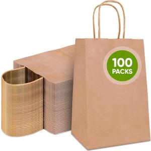 Tobvory Brown Paper Bags, 100pcs 5.25x3.75x8 Inches, Kraft Brown Paper Bags With Handles, Recycled Small Gift Bag With Handles, Ideal For Shopping Retail Grocery