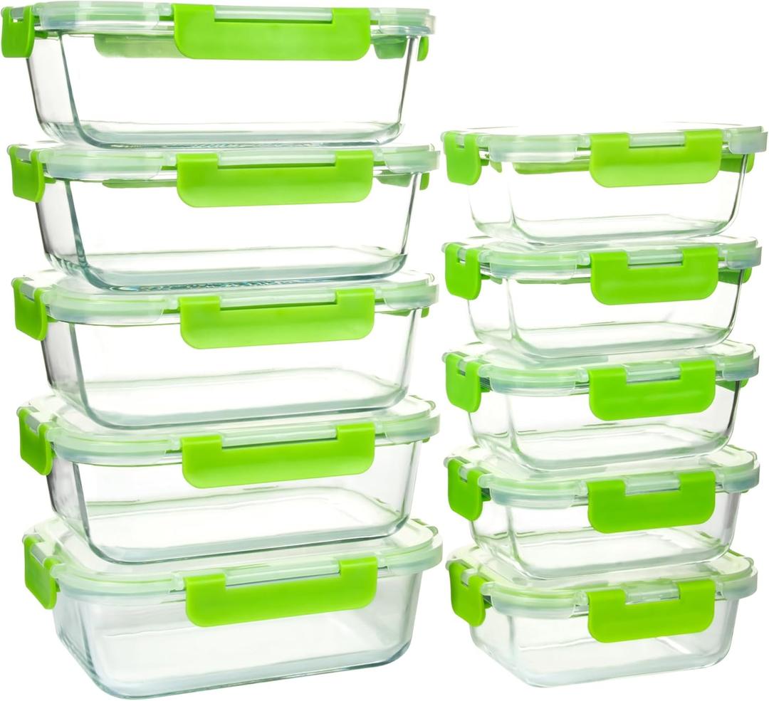 UMEIED 10 PACK Glass Food Storage Containers with Leak Proof Lids, Glass Airtight Meal Prep Containers Set for Lunch, On the Go, Leftover, Kitchen Pantry Organizers and Storage (Green)