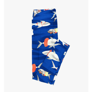 Lularoe Tall Curvy (TC fits Sizes 12-18) Animals Sharks Having Fun Beachwear Innertube Blue White Gray Yellow Buttery Soft Adult Leggings, Pack Of 2