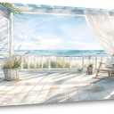 Relaxing Coastal Beach House Porch Canvas Wall Art Ocean View Watercolor Painting Print Gallery Wrapped Sunny Seaside Artwork for Living Room Bedroom Bathroom Decor，40x20 INCH