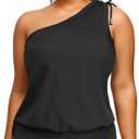 Women Plus Size Tankini Tops - 2025 Black Blouson Tummy Control Swim Top Only One Shoulder Bathing Suit Top No Bottom, Size 18, Black