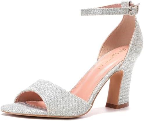 HHTCAL Block Chunky Heels for Women Peep Open Toe Ankle Strap Strappy Heeled Sandals 3 inch Party Dress Wedding Shoes Bride Bridesmaid, 6.5
