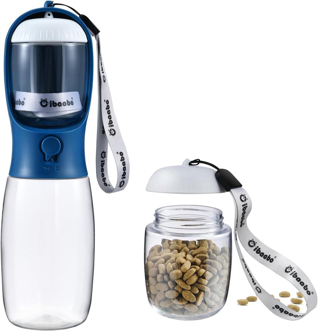 Dog Water Bottle with Food Container, Travel Puppy Water Bowl, Portable Pet Dispenser, Dog Stuff Accessories Items, Puppy Essentials Necessities for Yorkie Chihuahua Cat Walking and Hiking (19oz, #03 Dark Blue)