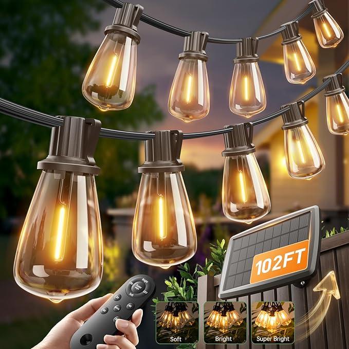 addlon 102FT(96+6) Solar String Lights Outdoor with Remote, Waterproof Patio Lights with 30 Shatterproof LED Bulbs, 30H+ Long-Lasting Dimmable & Timable Solar Light for Backyard Camping Garden Decor