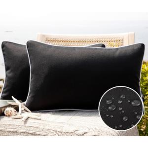 Phantoscope Pack of 2 Outdoor Waterproof Solid Throw Decorative Pillow Cover Decorative Square Outdoor Pillows Cushion Case Patio Pillows for Couch Tent Sunbrella, Black 12x20 inches 30x50 cm