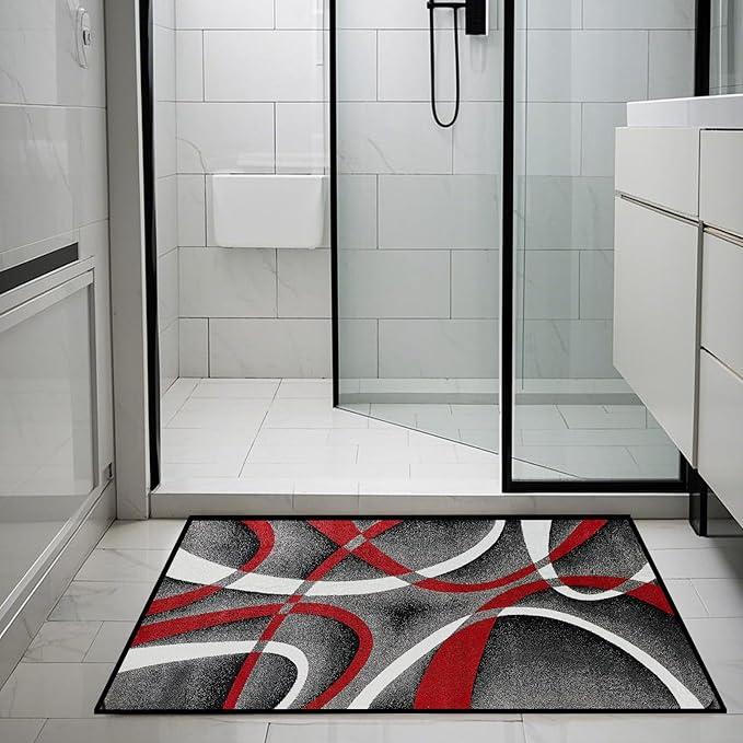 Geometric Strip Lines Area Rug 2x3 - Modern Abstract Accent Rug for Living Room Bedroom, Non-Slip Luxury Art Floor Mat Under Couch, Red/Black/White Contemporary Indoor Rug