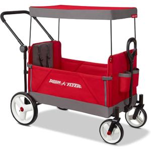 Radio Flyer Stroller Wagon with 5-Point Harnesses, Rear Brake, and Push Pull Handle, Red
