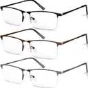 3 Pack Blue Light Blocking Reading Glasses for Men, Stylish Half Frame Metal Computer Readers, Lightweight Spring Hinge Eyeglasses Anti Eyestrain/Glare/UV (Mix Color, Black+Grey+Brown, 2.0)